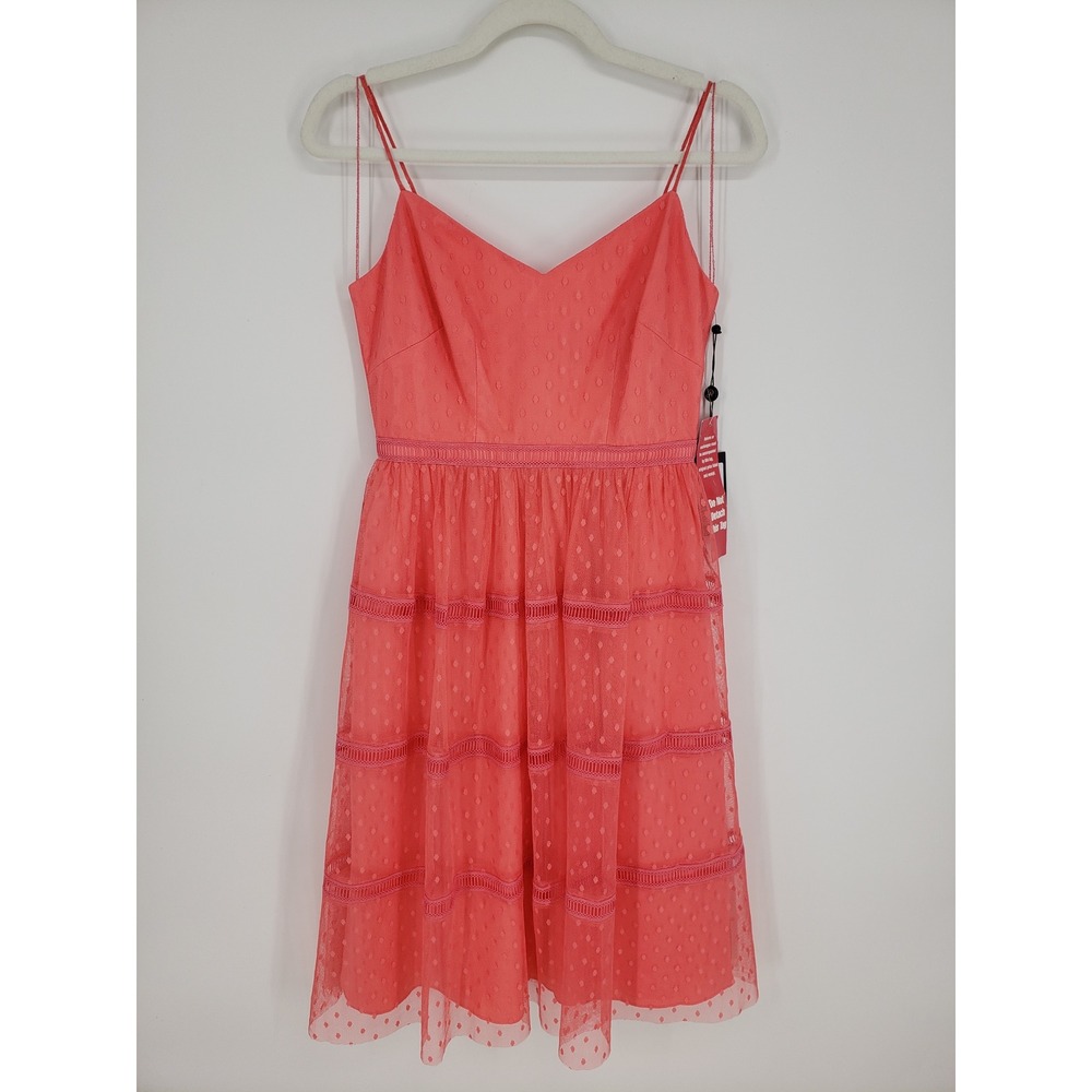 Adrianna Papell Point d'Esprit Tea Length Dress Sz 2 Coral Lace Fit & Flare NWT